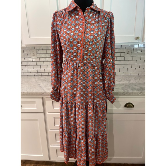 Max Studio Dresses & Skirts - Max Studio Midi Dress Womens Small Orange Blue Floral Tiered Prairie Bohemian